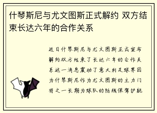 什琴斯尼与尤文图斯正式解约 双方结束长达六年的合作关系 什琴斯尼与尤文图斯正式解约 双方结束长达六年的合作关系