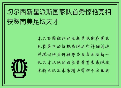 切尔西新星派斯国家队首秀惊艳亮相获赞南美足坛天才