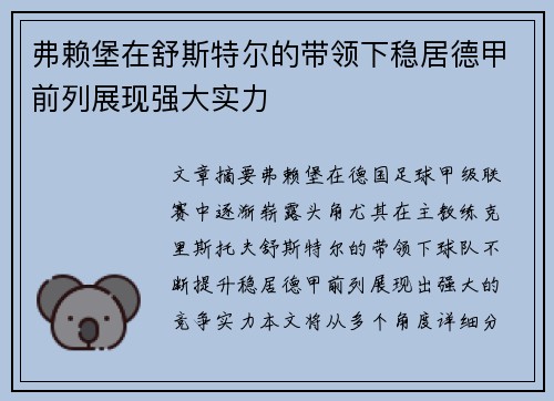 弗赖堡在舒斯特尔的带领下稳居德甲前列展现强大实力 弗赖堡在舒斯特尔的带领下稳居德甲前列展现强大实力